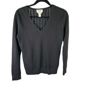 Talbots Women's Black Pima Cotton Cable Knit V Neck Long Sleeve Sweater‎ Large
